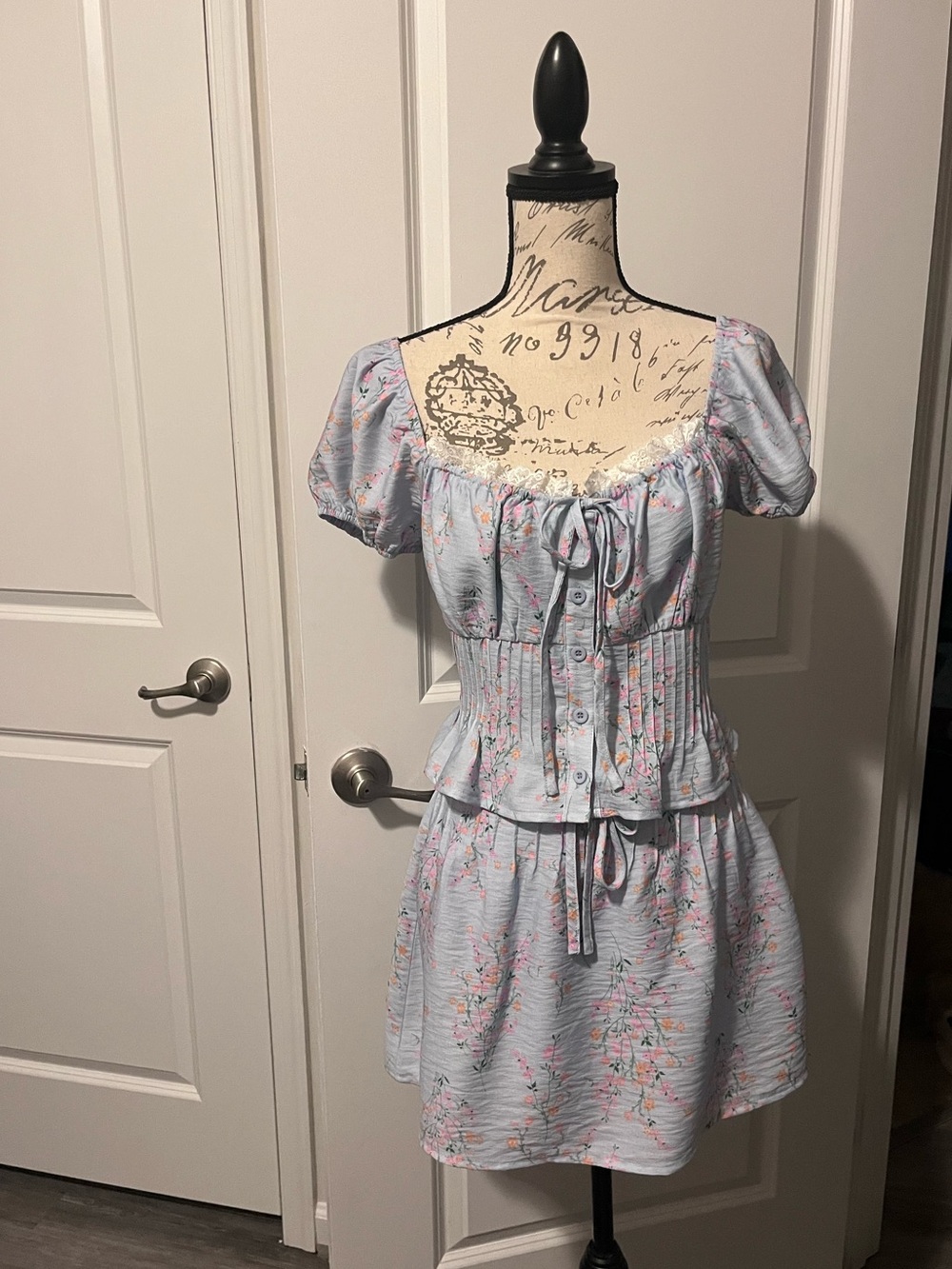 Le Lis Light Blue Floral Puff-Sleeve Smocked Two-Piece skirt and top